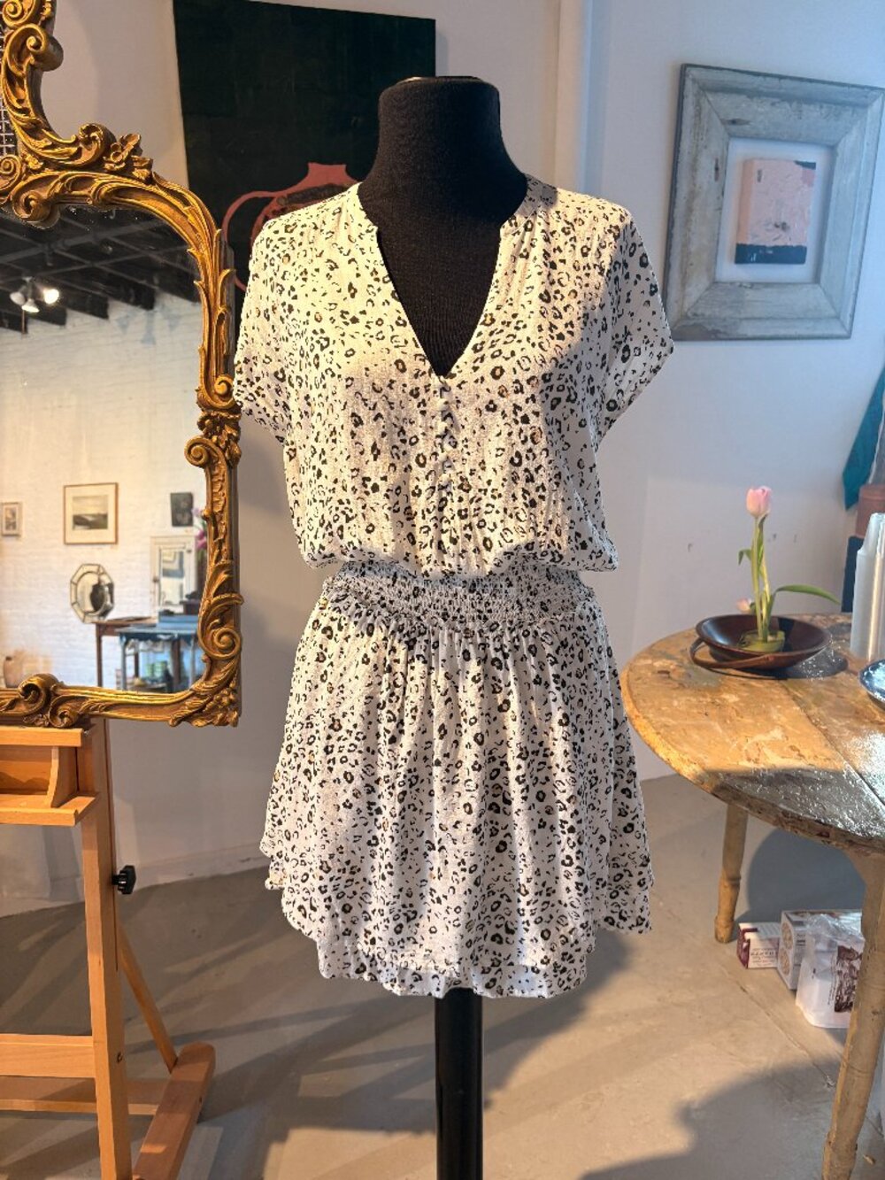 Rails Karla Mini Blouson Dress, White Mocha Leopard Print, Sz S
